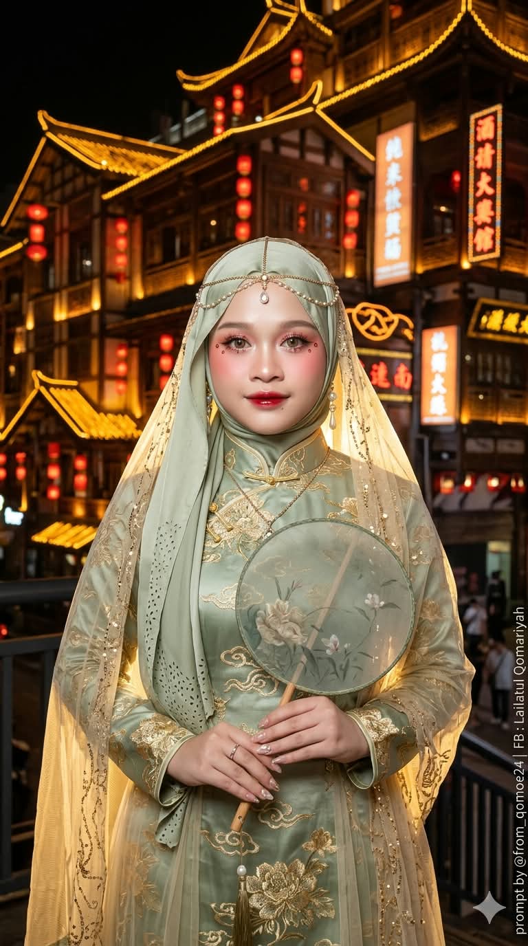 Chinese Bridal Portrait in a Chongqing Nightscape