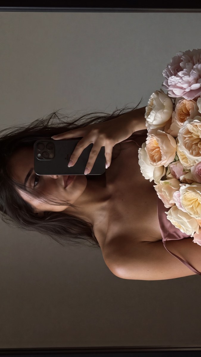 Bouquet Mirror Selfie in a Dusty-Rose Dress output 2