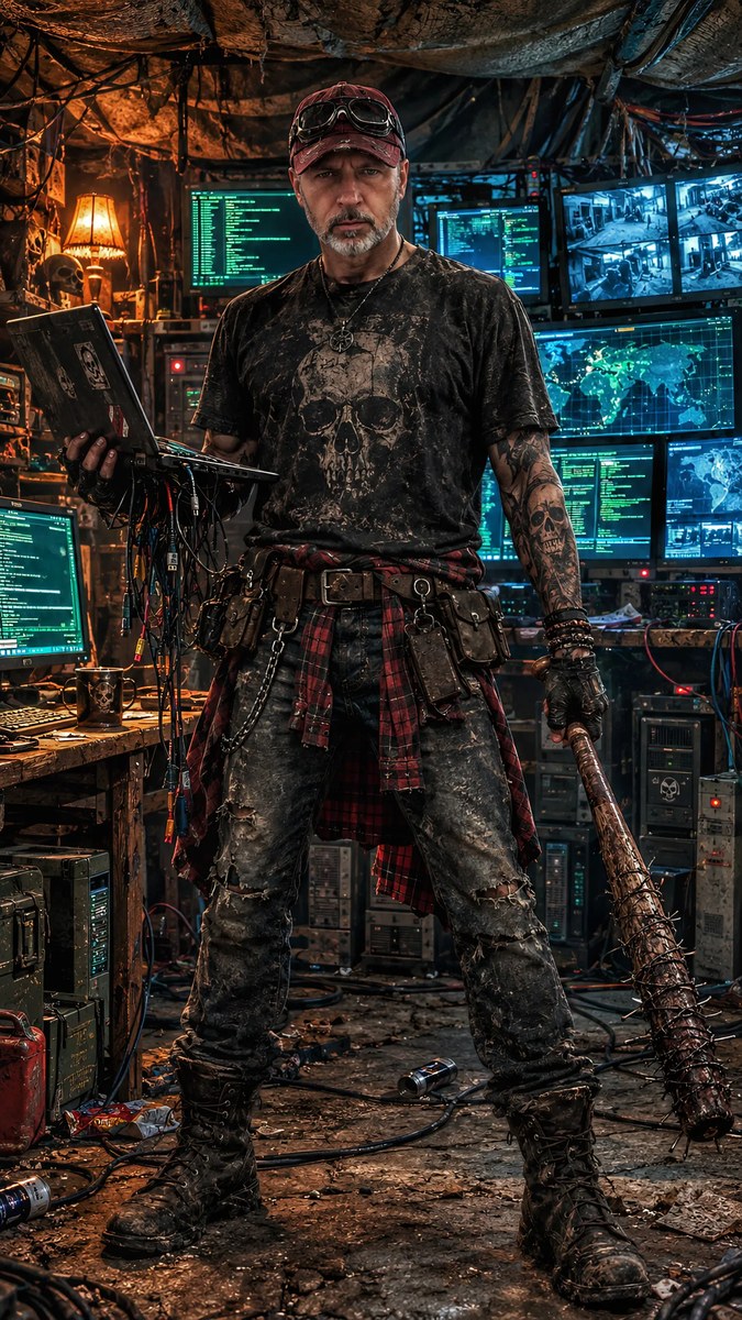 Post-Apocalyptic Hacker in a High-Tech Lair
