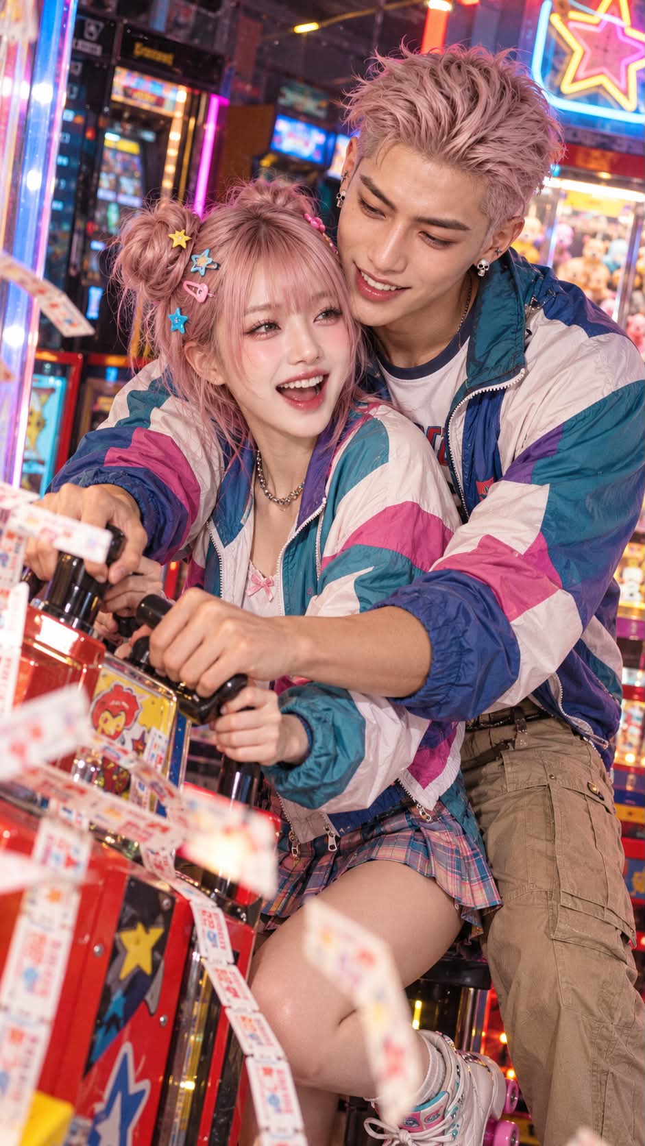 Neon Arcade Couple with Flying Tickets