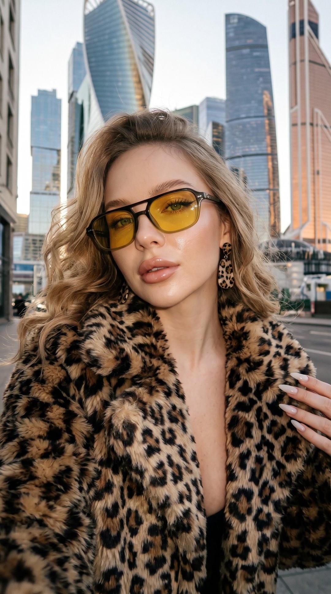 Golden-Hour Moscow City Selfie in a Leopard-Print Coat