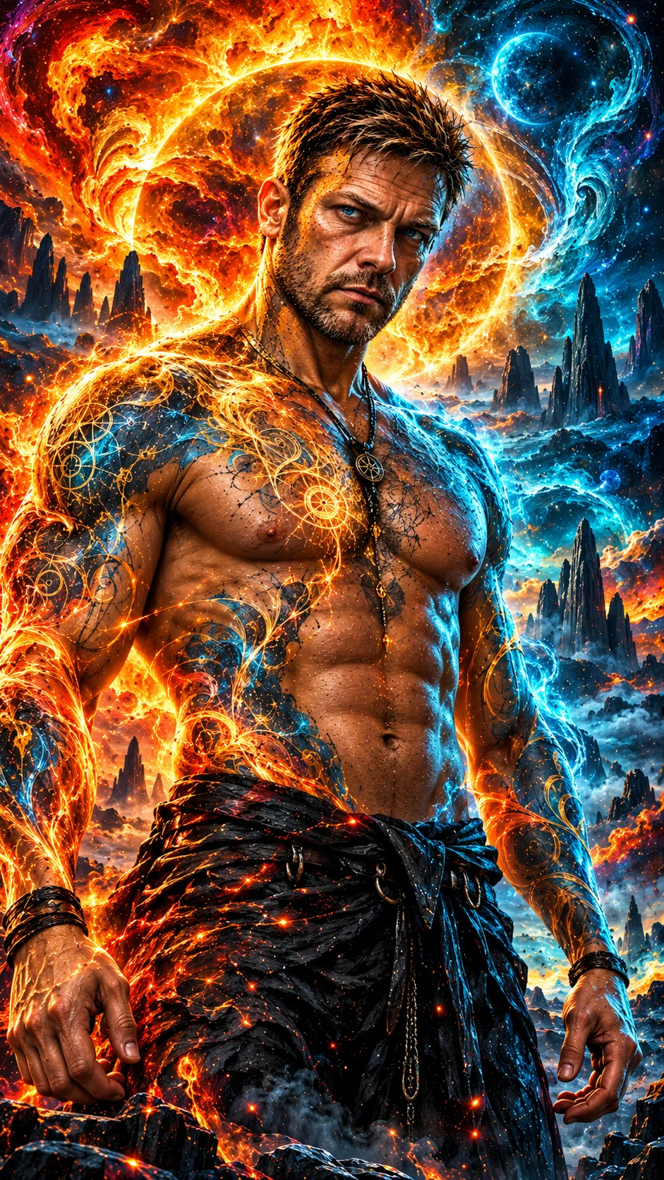 Cosmic Fire-and-Ice Warrior Portrait output 1