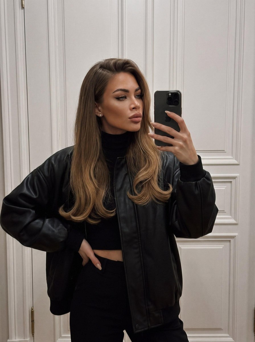 Underexposed Mirror Selfie in a Black Leather Jacket output 1