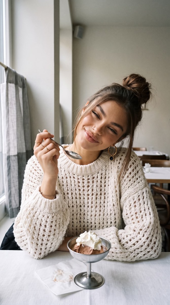 Photorealistic Young Woman’s Cozy Café Portrait