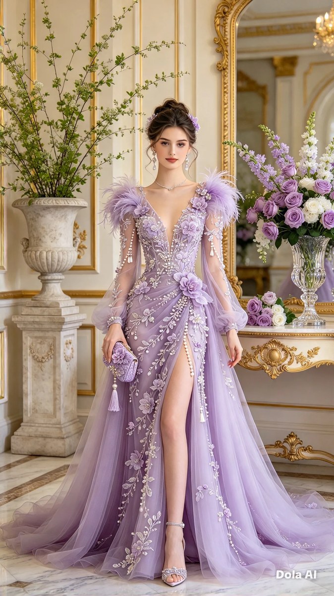 Lavender Gown in a Grand Hall