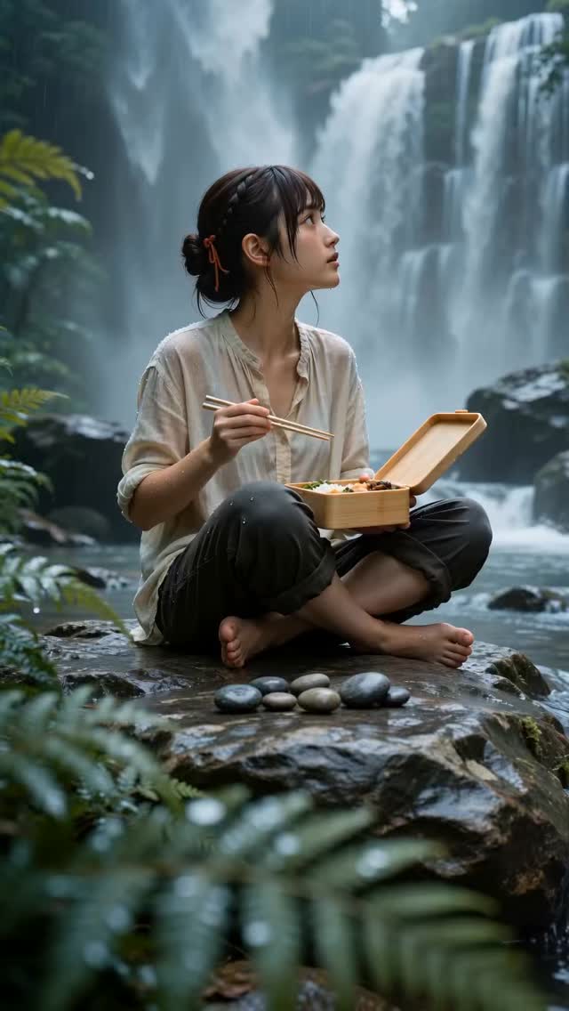 River-Stone Figures Play Keepy-Uppy by a Waterfall