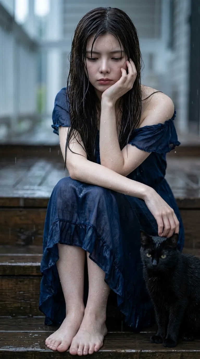 Rainy Portrait of a Young Woman with a Black Cat output 1