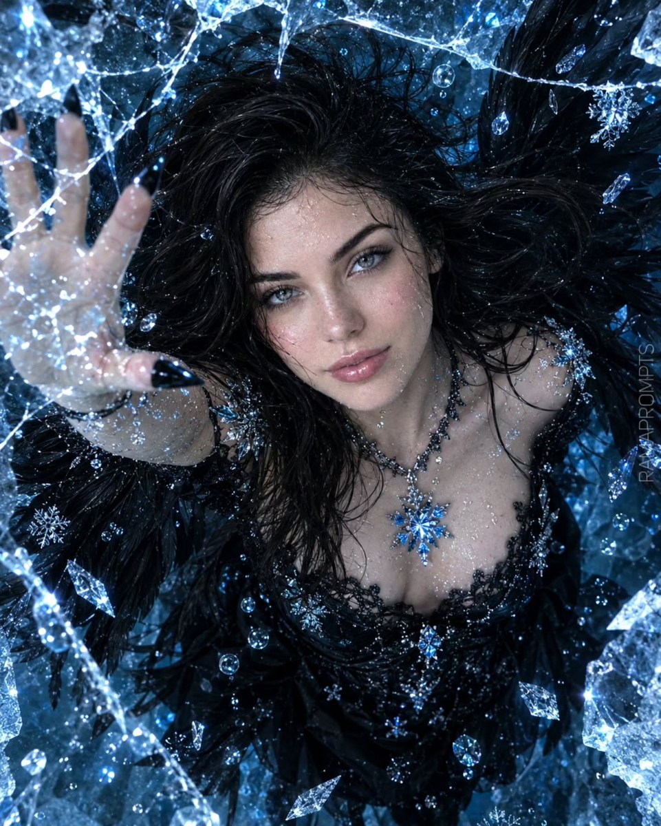 Photorealistic Gothic Portrait Beneath Cracked Ice