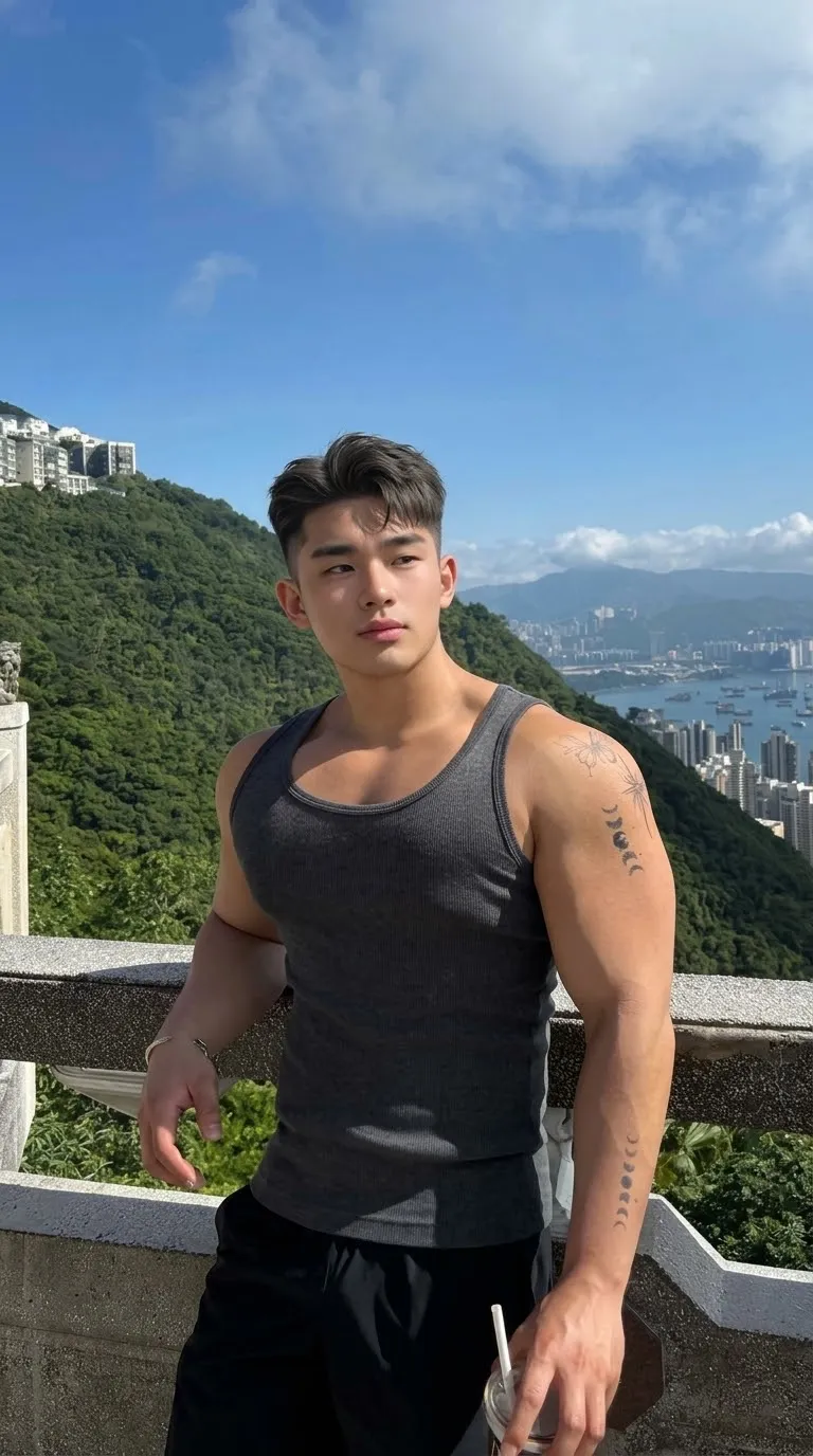 Korean Man at a Sunny Hilltop Viewpoint output 1