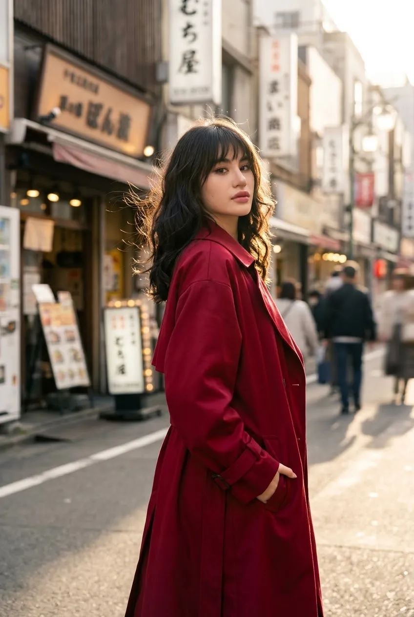 Golden-Hour Japanese Street Portrait in a Red Trench Coat