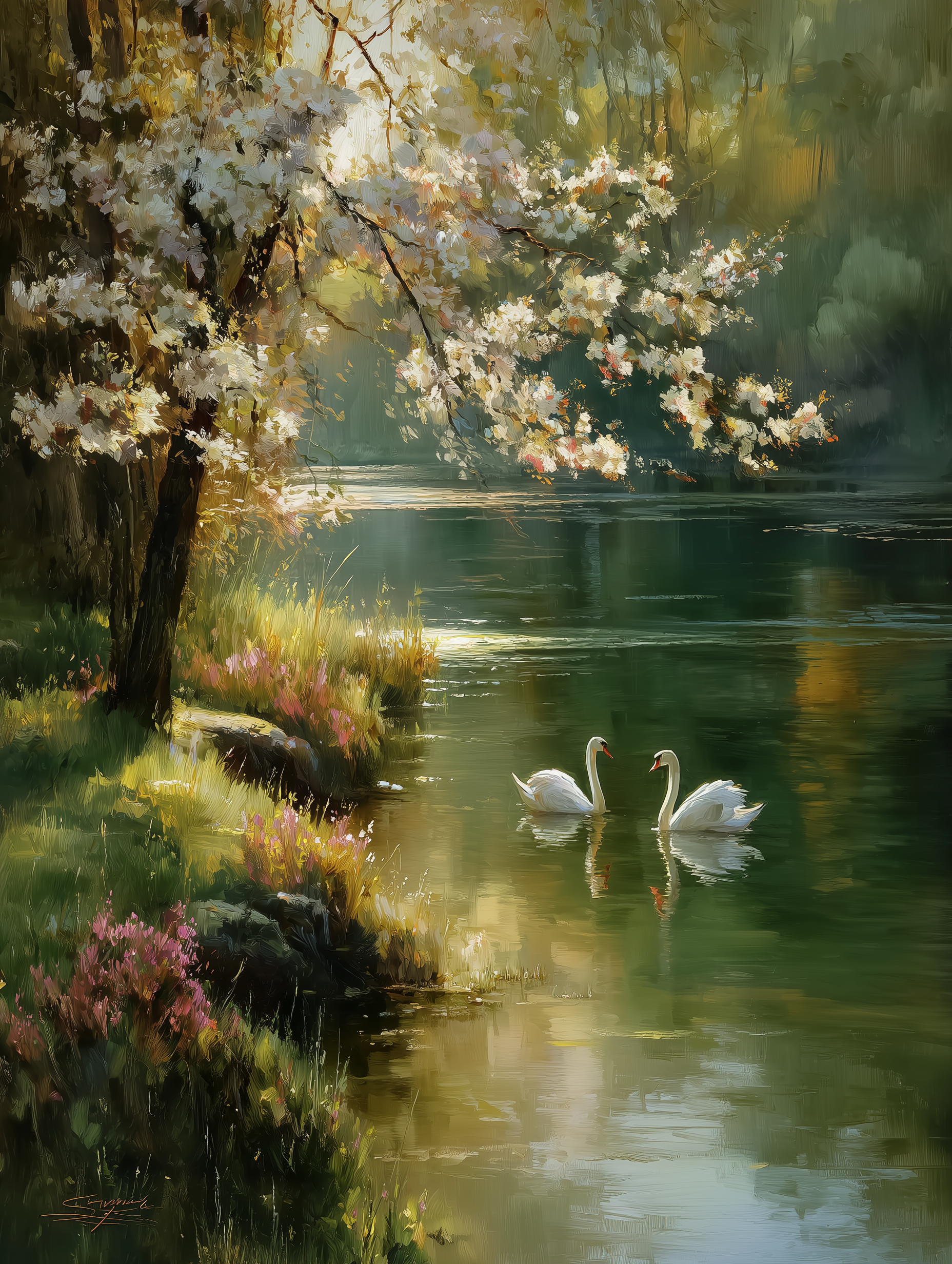 Painterly Spring Riverside with Swans at Golden Hour