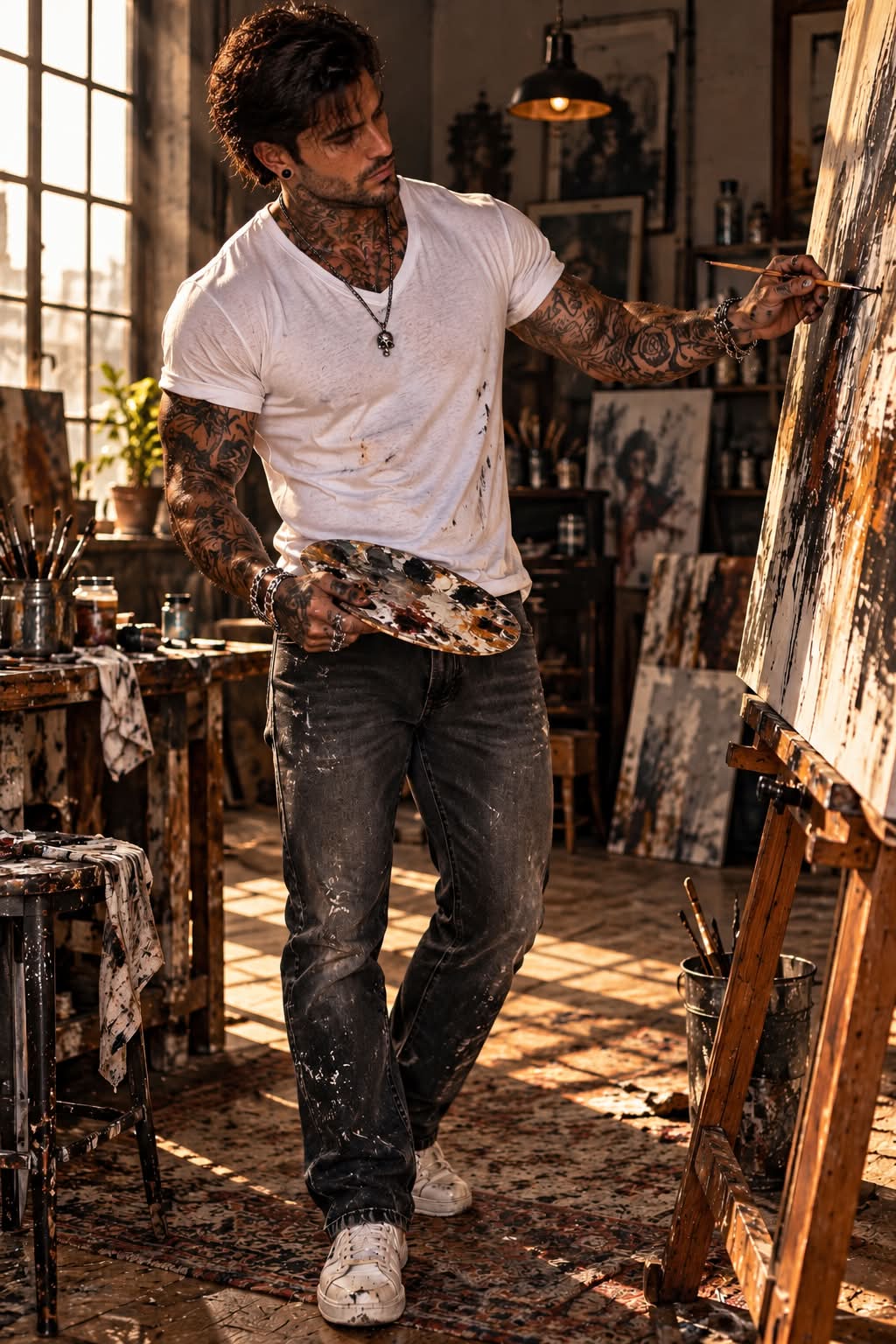 Cinematic Artist in a Rustic Studio