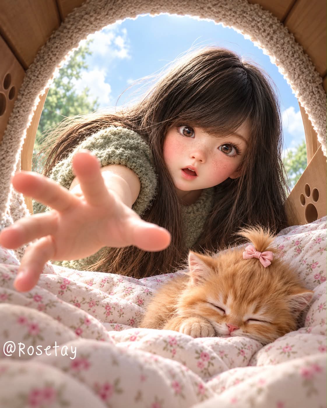 Girl and Kitten Inside a Cozy Cat House