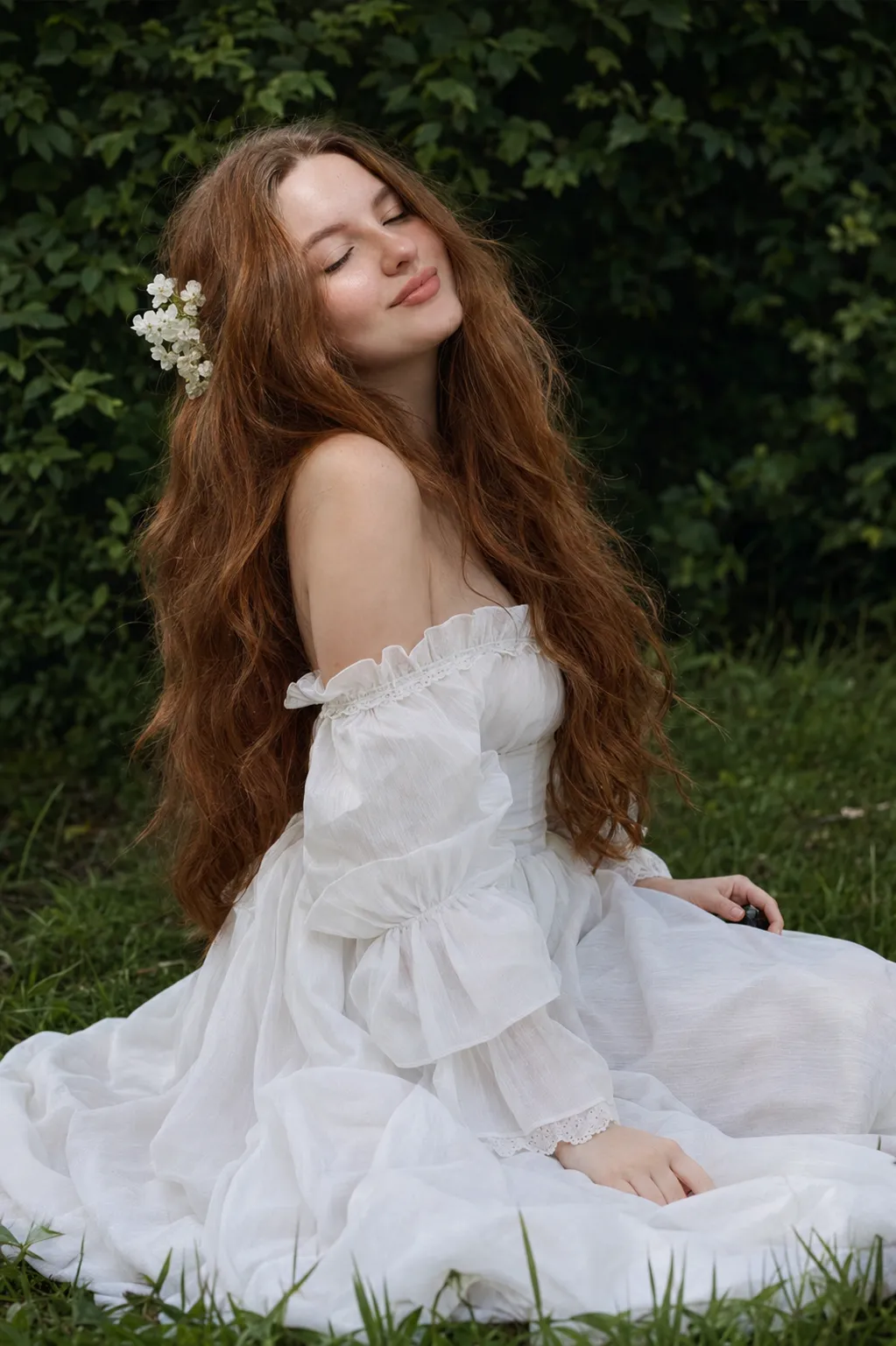 Dreamy Outdoor Portrait of a Woman in a White Dress
