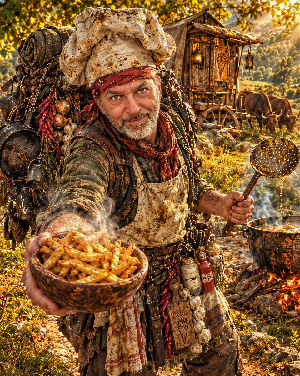 Rustic Traveling Chef Offering Golden Fries