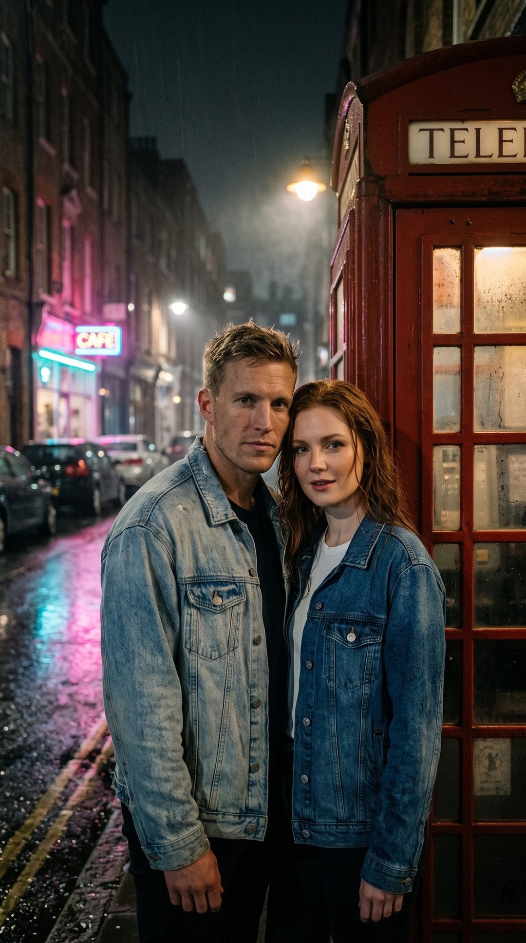 Rainy-Night Couple at a Vintage Telephone Booth output 1