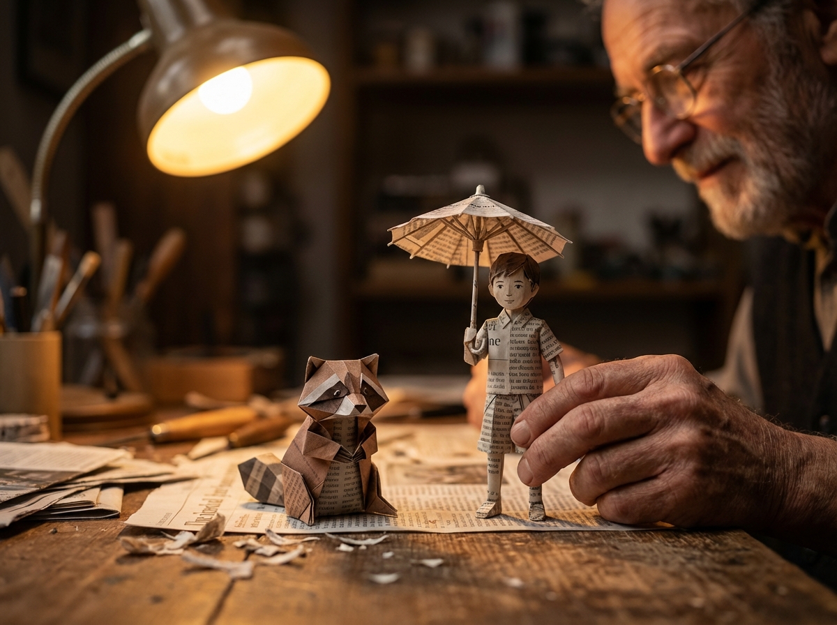 Cinematic Close-Up of Craftsman with Paper Figures