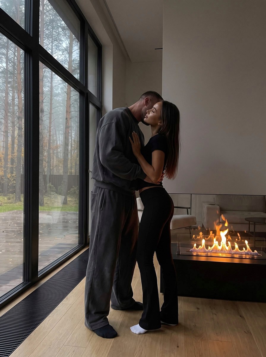 Couple Embracing by a Panoramic Window
