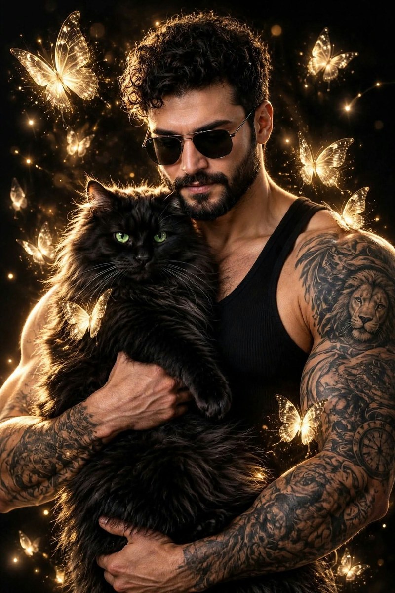 Cinematic Portrait of a Bearded Man Holding a Black Cat output 1