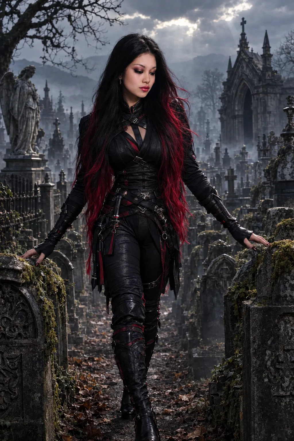 Gothic Ninja Assassin in a Misty Cemetery