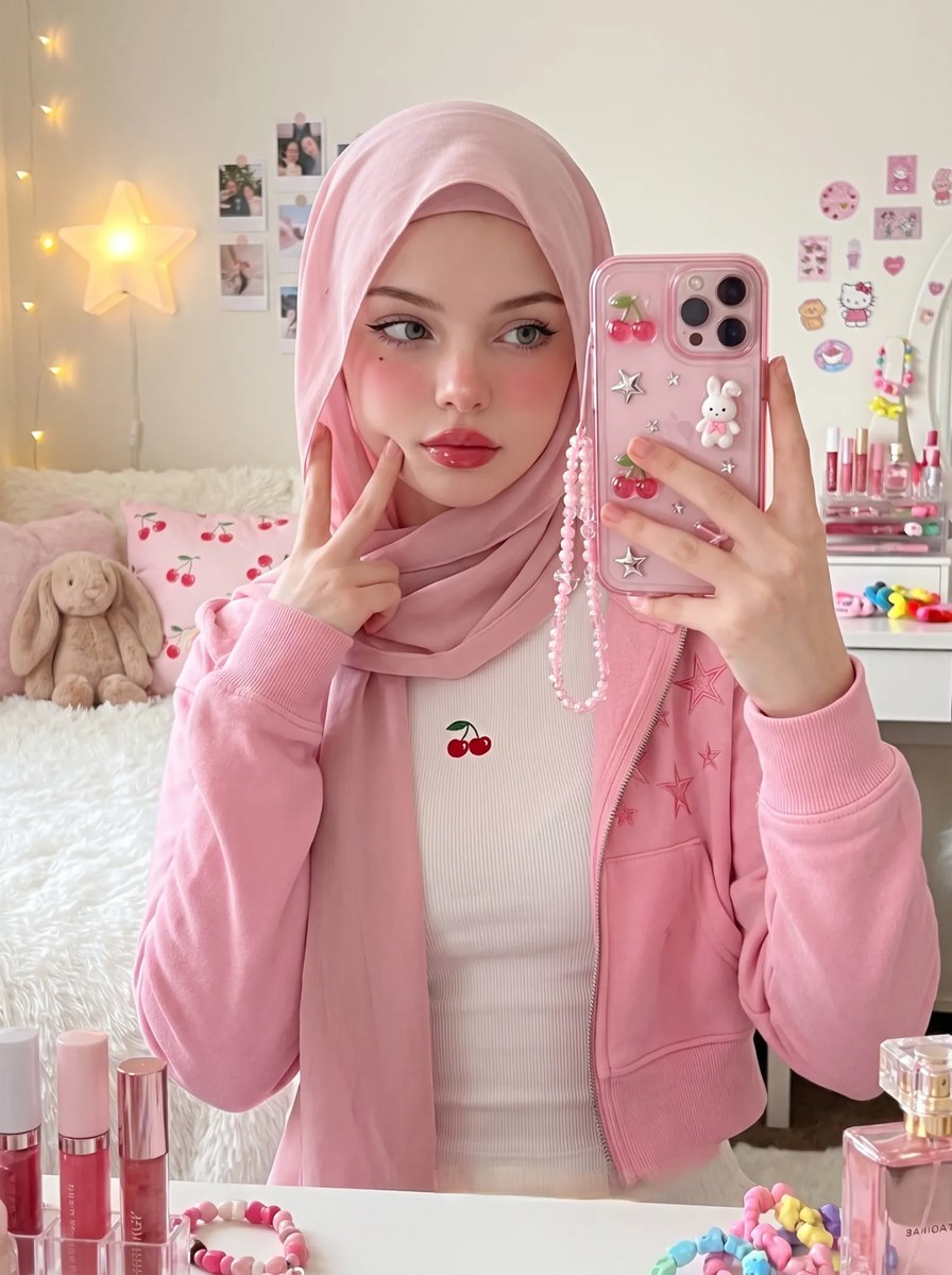 Pink Hijab Bedroom Mirror Selfie output 2