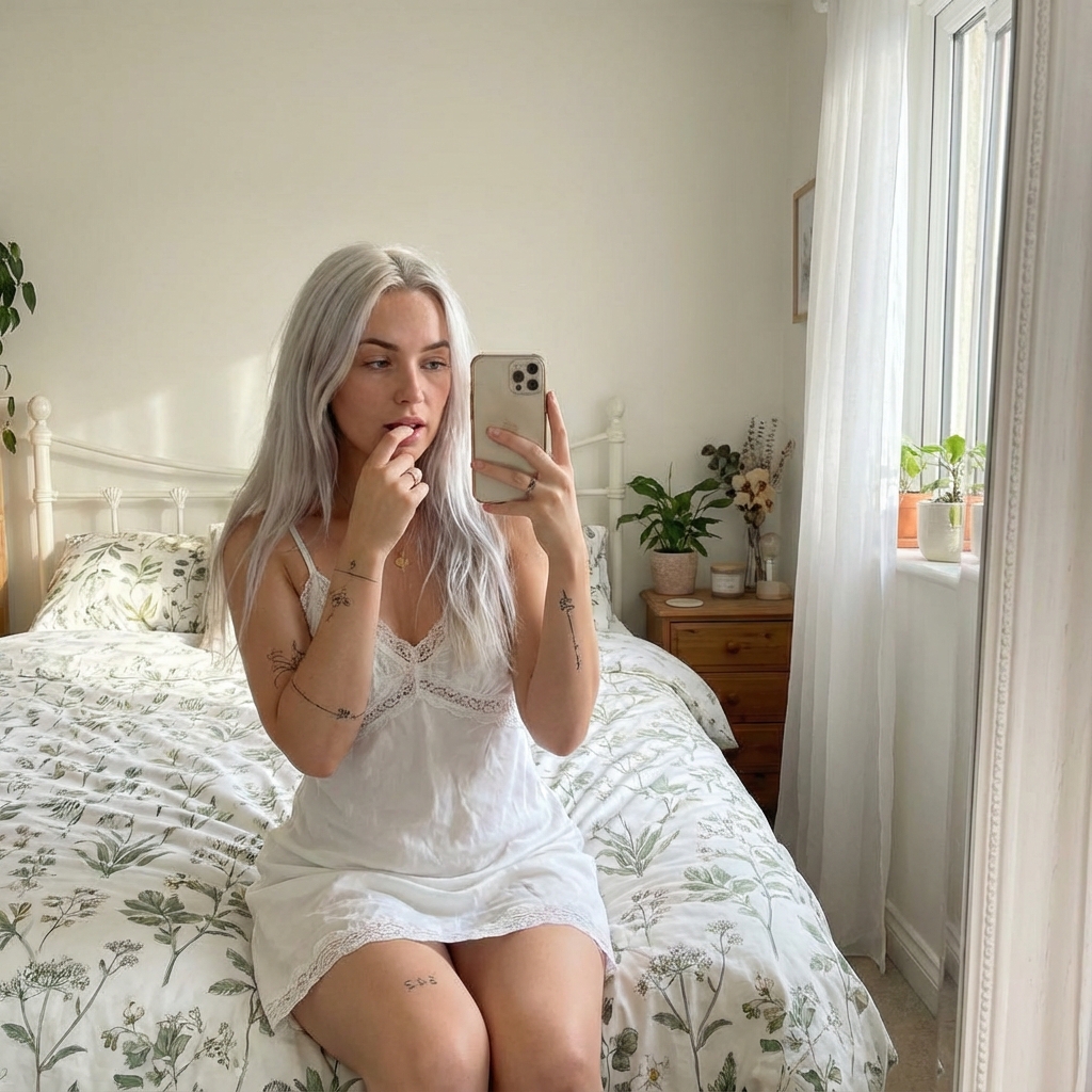 Serene Mirror-Selfie Portrait in Sunlit Bedroom