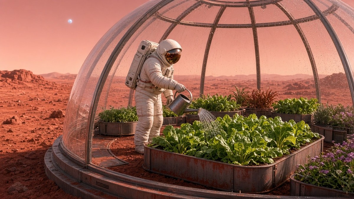Tiny Astronaut Tending a Mars Rooftop Garden output 1