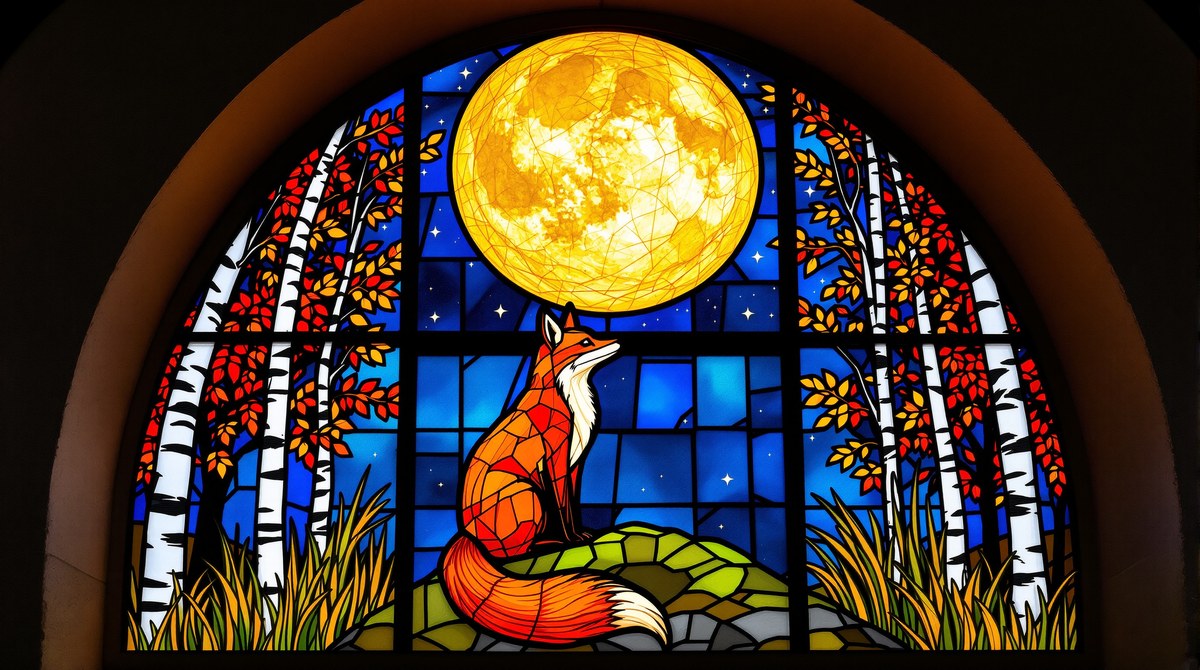 Stained Glass Window of a Fox Under a Harvest Moon