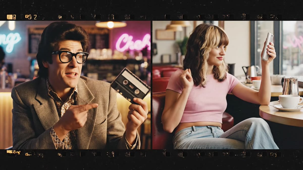 1980s vs Modern Café Split-Screen Video Scene