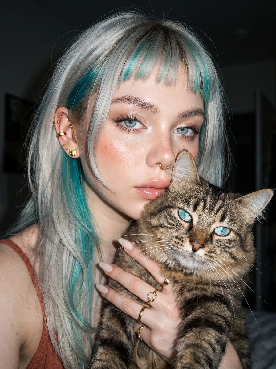 Young Woman Cuddling a Tabby Cat output 1