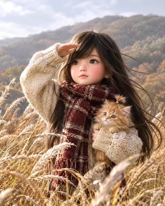 Golden-Hour Field with a Girl and Kitten