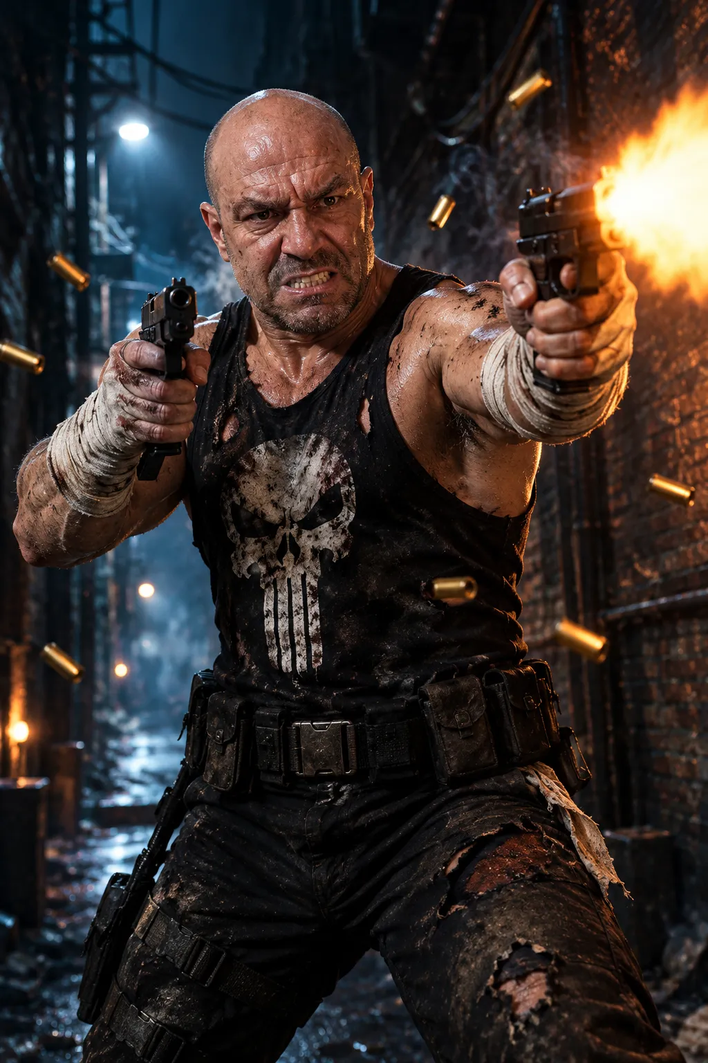 Cinematic Dual-Pistol Portrait in a Dark Alley output 1