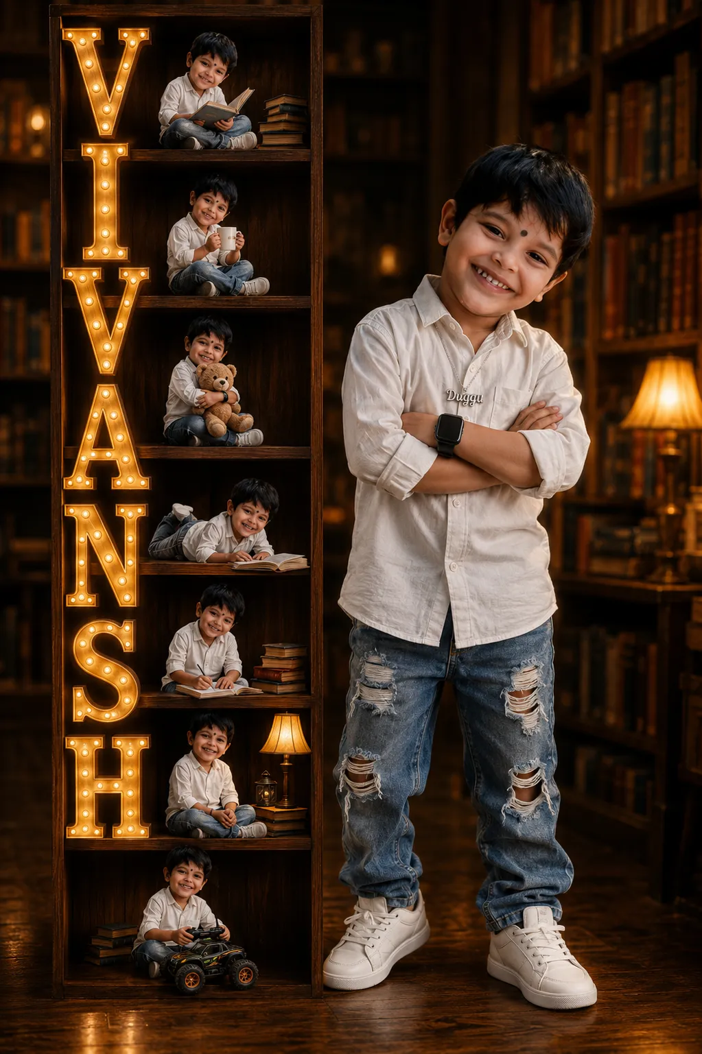 Child with Rose-Gold Marquee Letters in a Cozy Library output 3