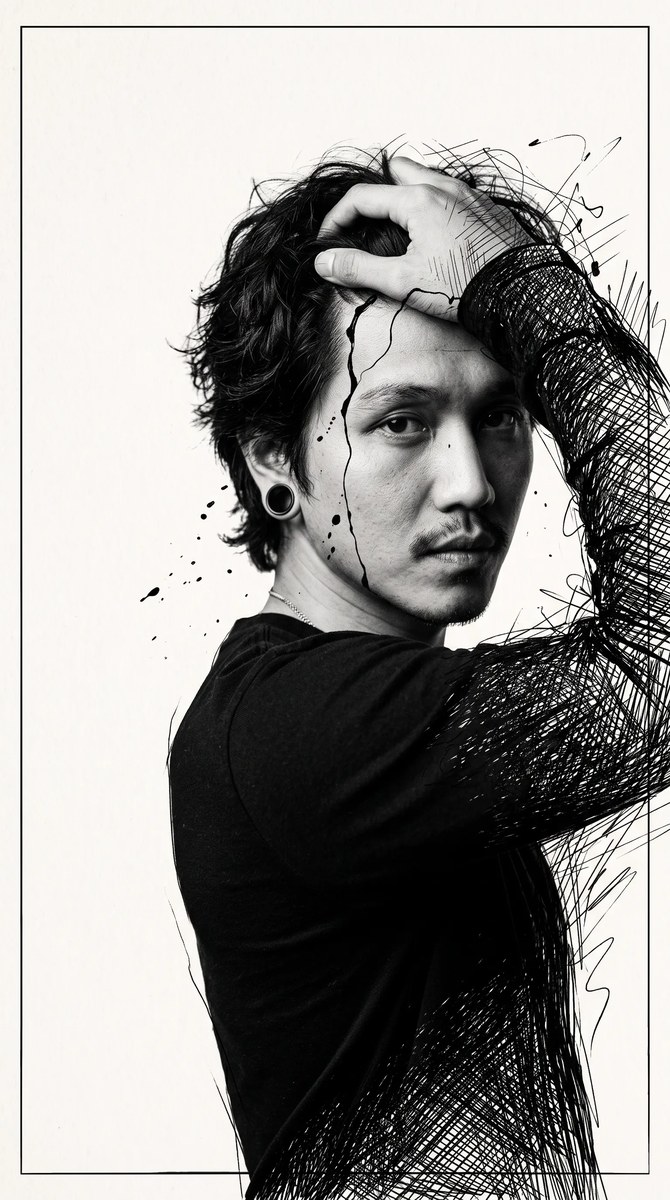 Black-and-White Ink-Dissolve Editorial Portrait