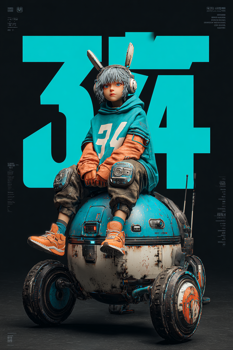 Cyberpunk Poster of a Girl Riding a Sci-Fi Robot