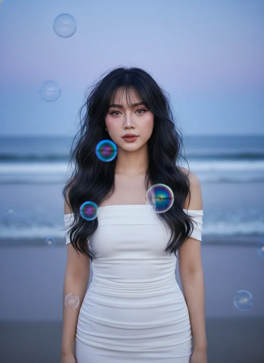 Blue-Hour Beach Portrait with Soap Bubbles output 2