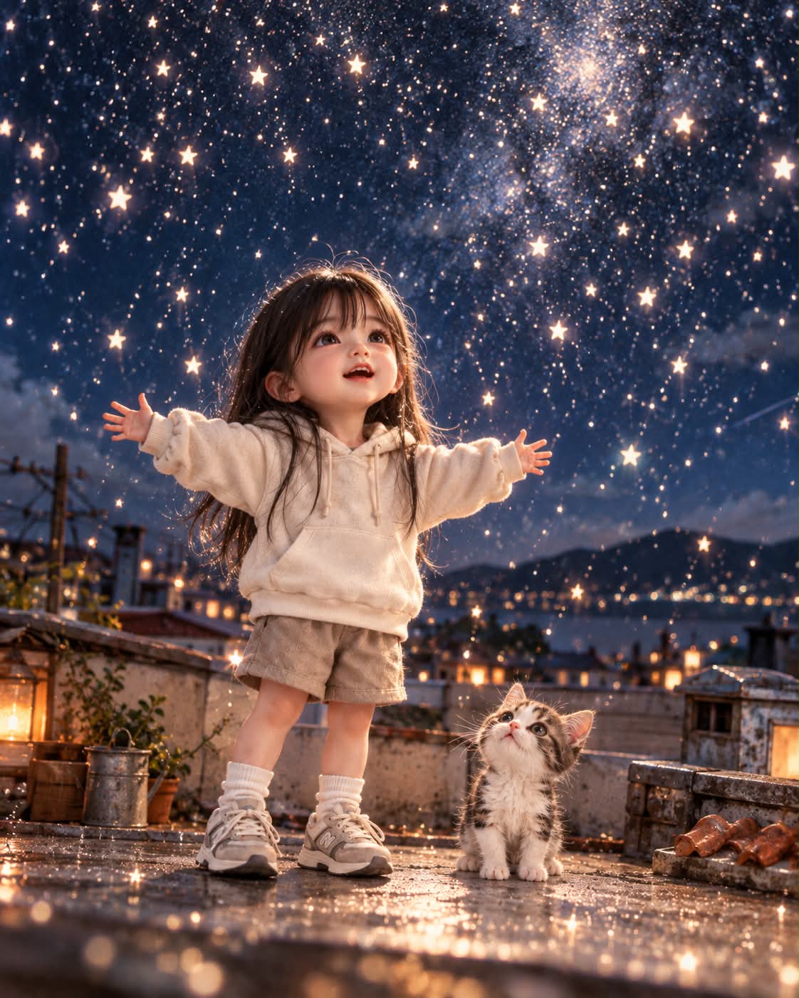 Handcrafted Miniature Doll Beneath a Shower of Stars