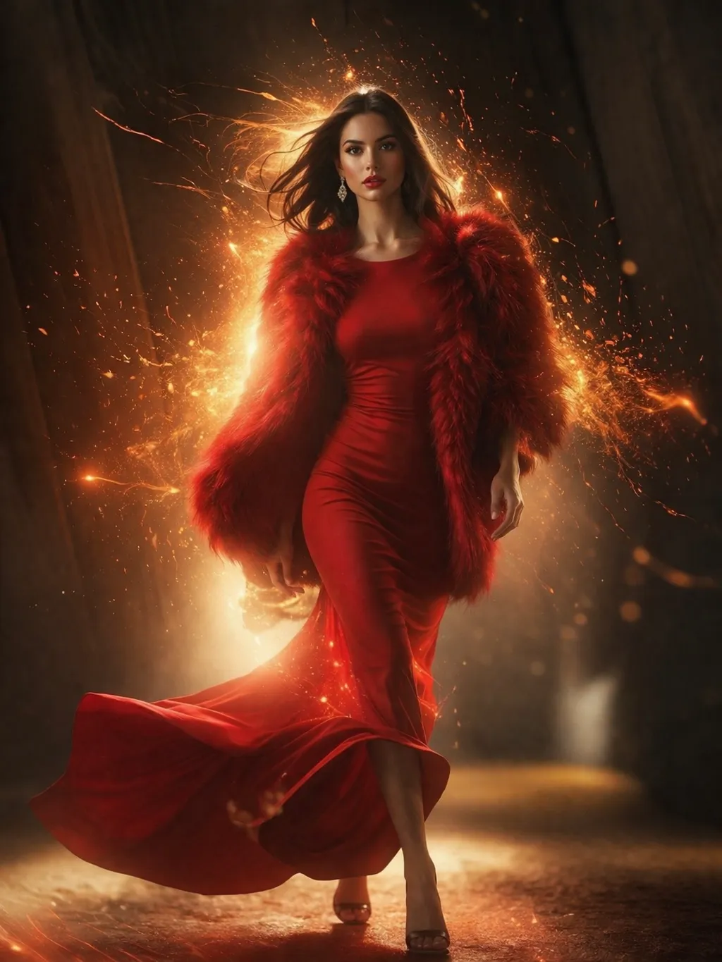 Red Couture Runway Portrait with Golden Energy