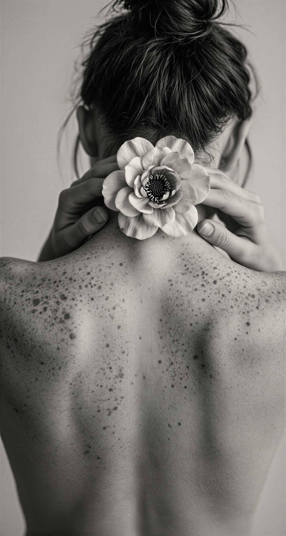 Monochrome Portrait of Freckled Shoulders with a Flower