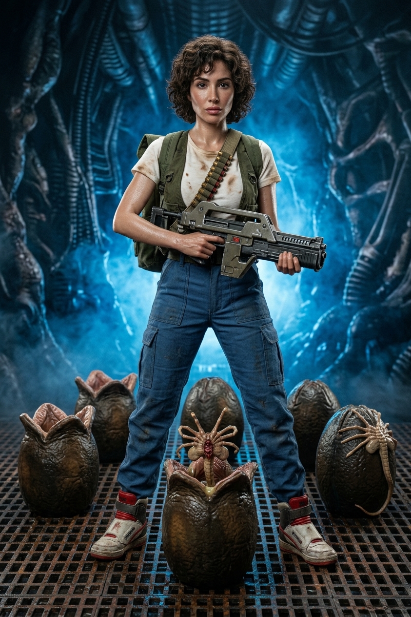 Photorealistic Ellen Ripley and Xenomorph Eggs