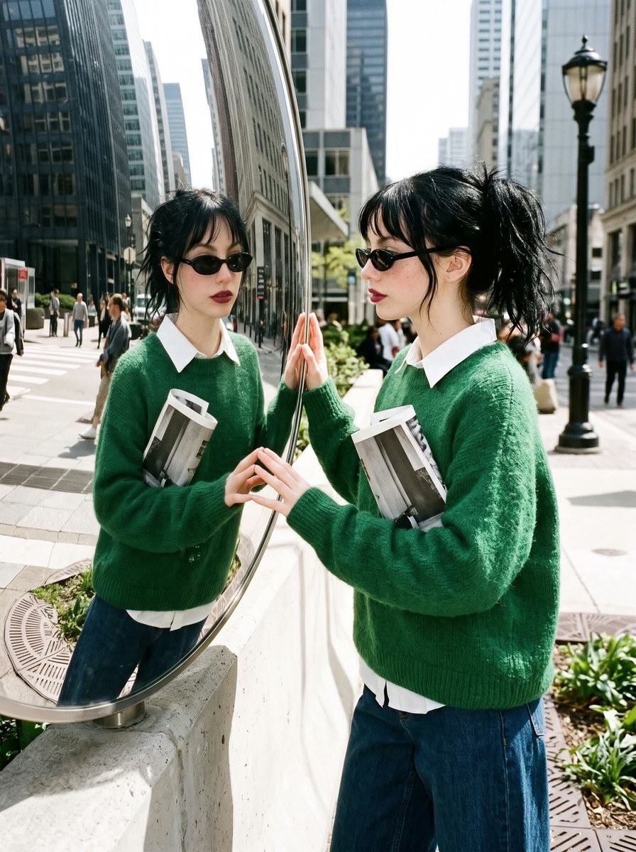 Street-Style Portrait Beside a Curved Mirror output 1