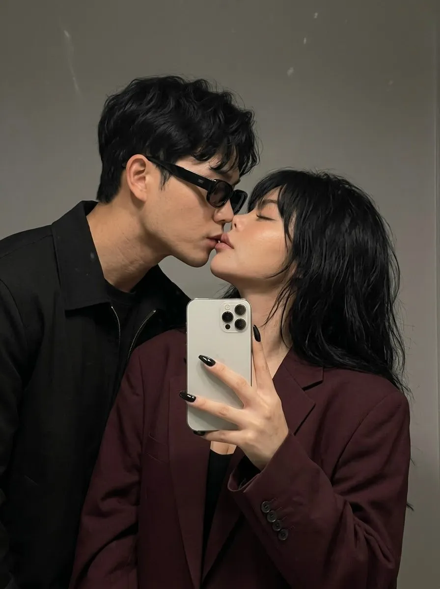Romantic Couple Mirror Selfie with Identity Preservation output 1
