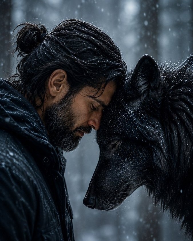 Man and Black Wolf in a Snowy Forest