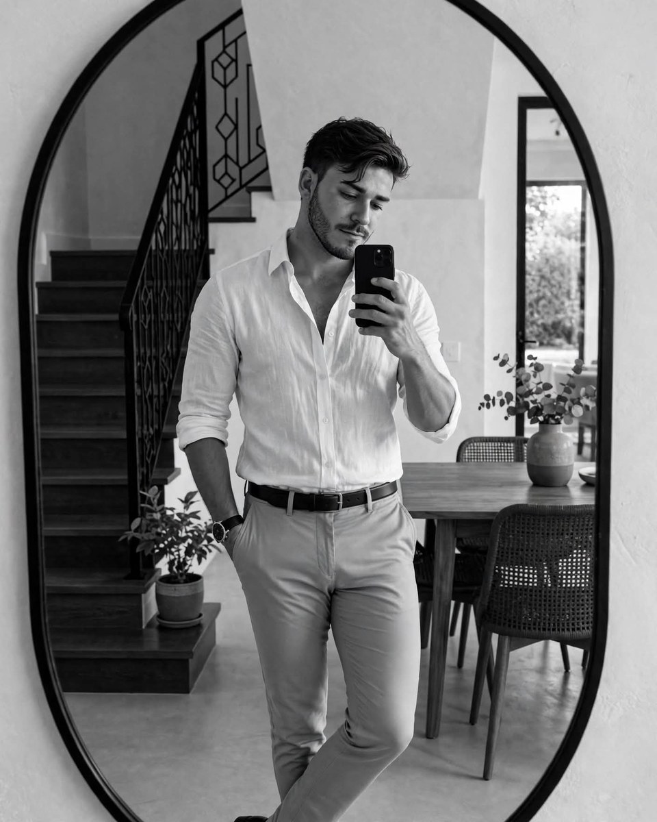Black-and-White Mirror Selfie in an Elegant Minimalist Interior