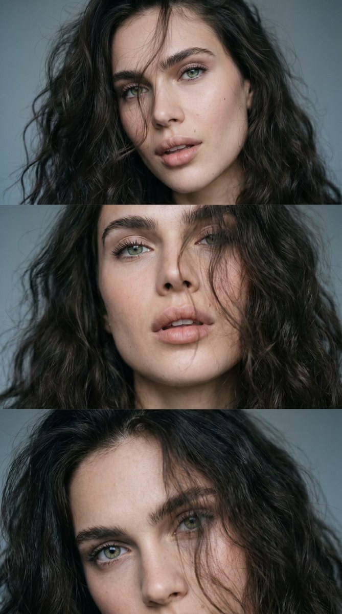 Cinematic Three-Frame Portrait Triptych output 2