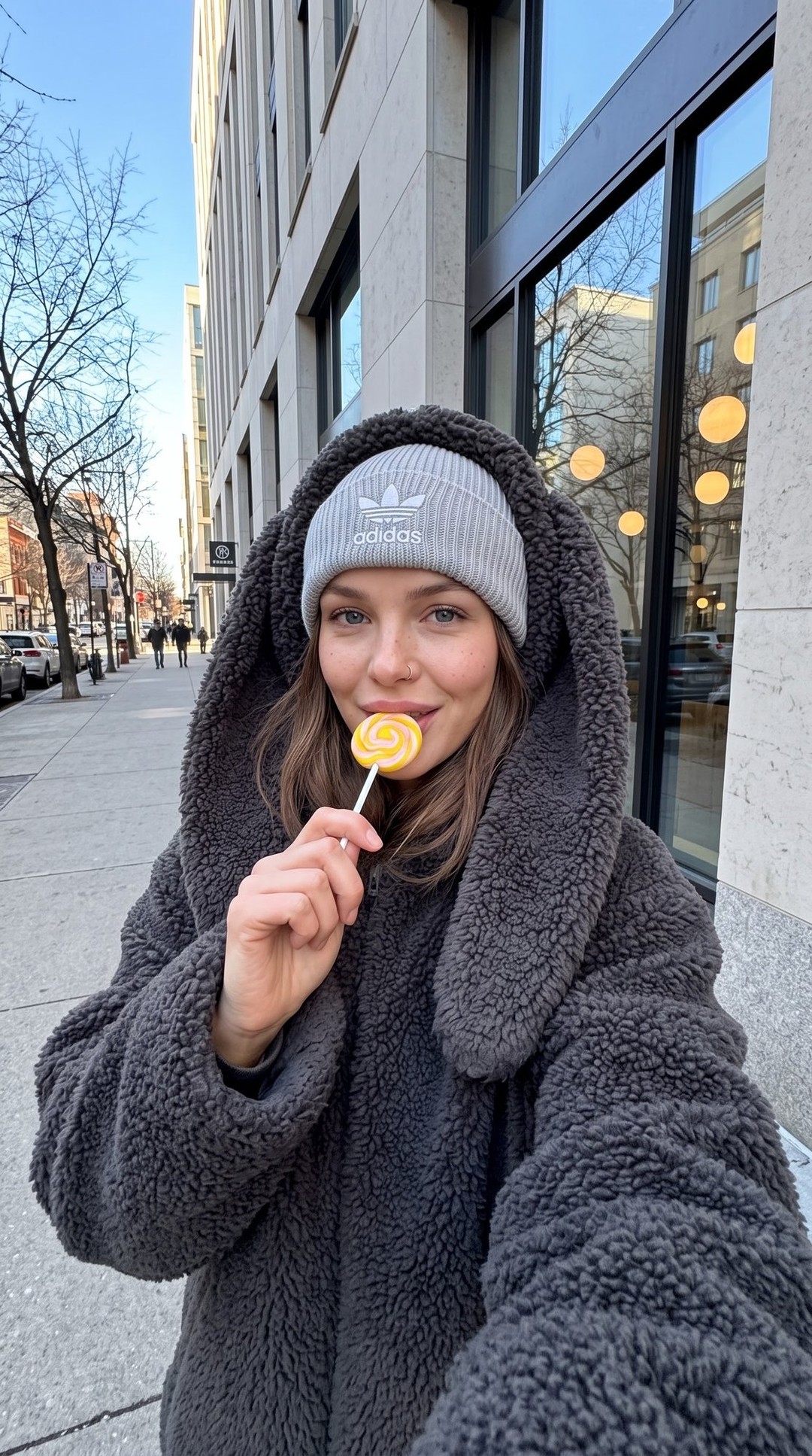 Winter Street Selfie in an Oversized Sherpa Jacket output 1