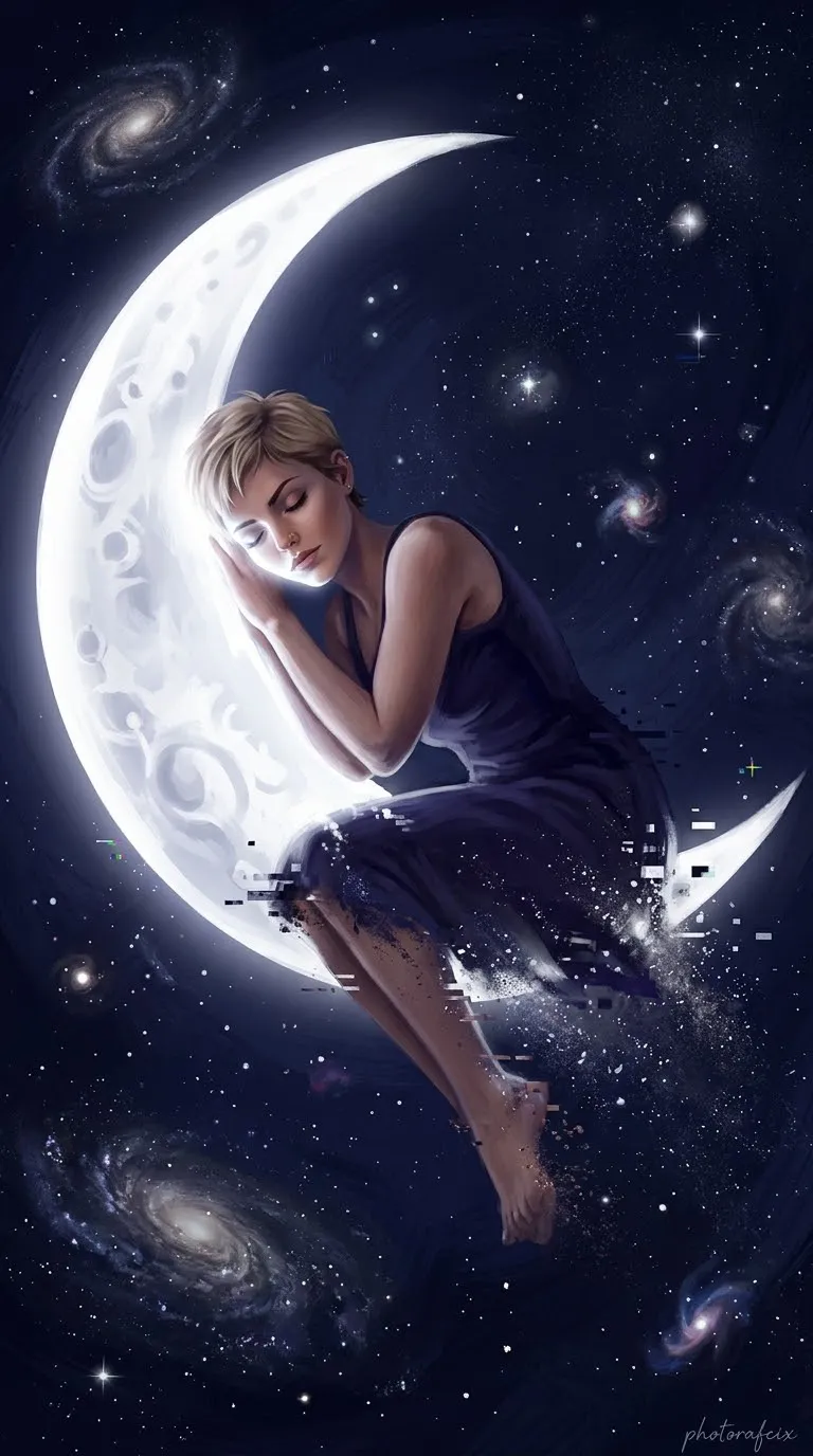 Sleeping Woman on a Glowing Crescent Moon