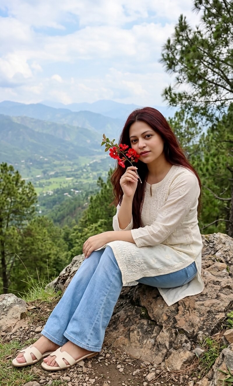 Mountain Viewpoint Portrait with Floral Branch