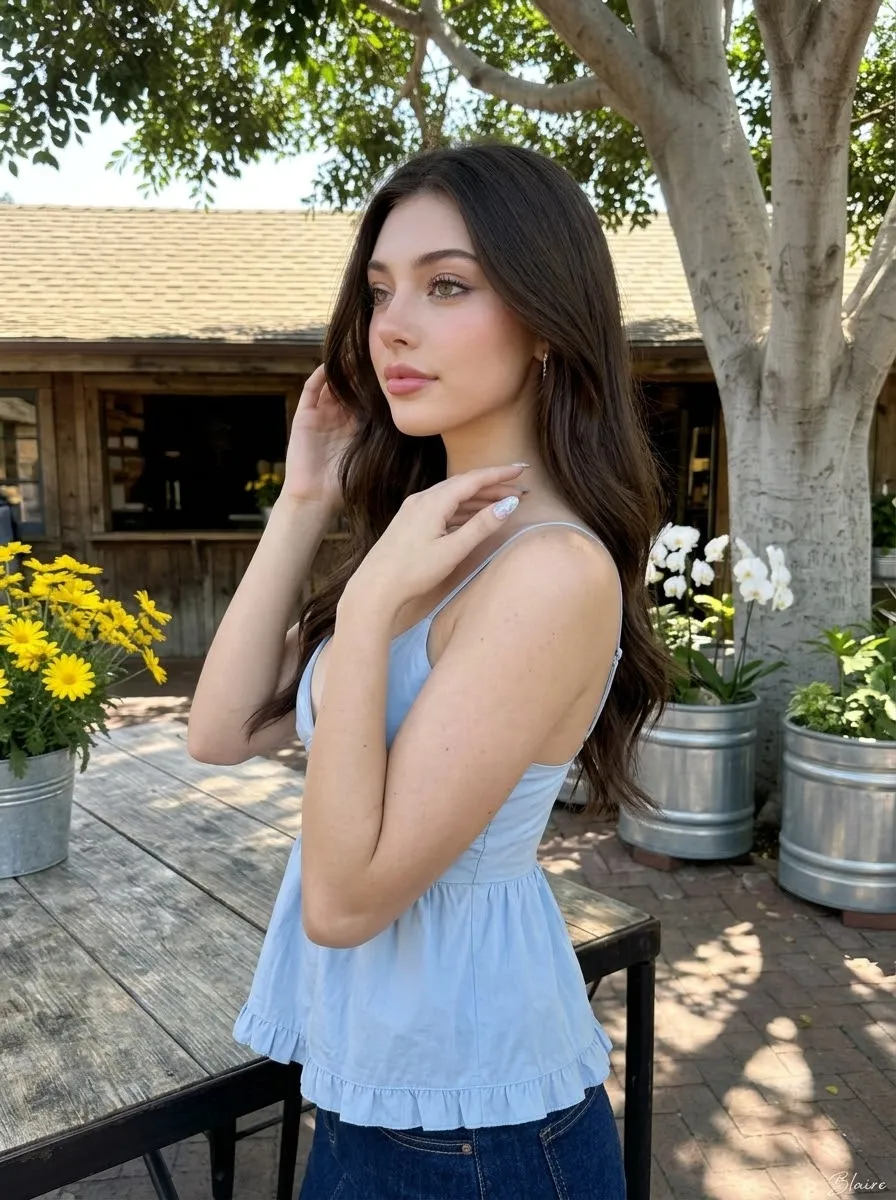 Sunlit Café Portrait in a Powder-Blue Camisole output 2