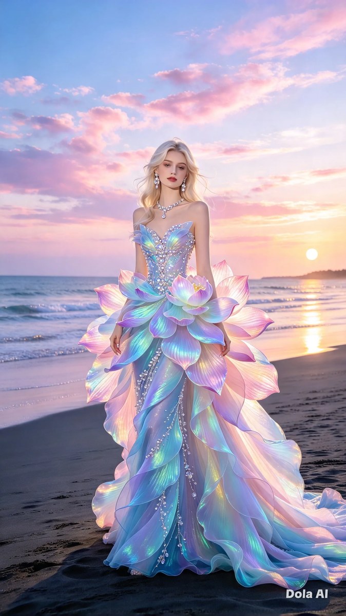 Lotus-Inspired Gown at Sunset